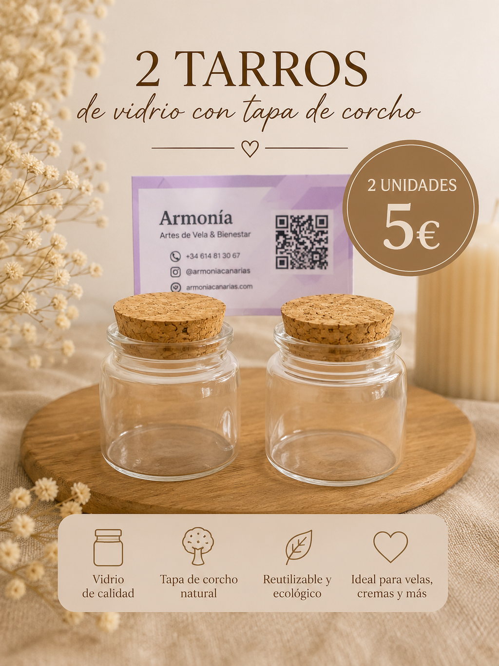2 Tarros de Vidrio con Tapa de Corcho